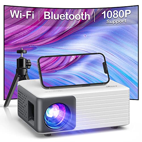 Mini Projector with WiFi and Bluetooth, 1080P Supported iPhone Projector with Projector Stand, Portable Movie Projector for Home Theater/Outdoor, Compatible with iOS/Android/Laptop/TV Stick/HDMI/PS5 - WiFi Mini Projector