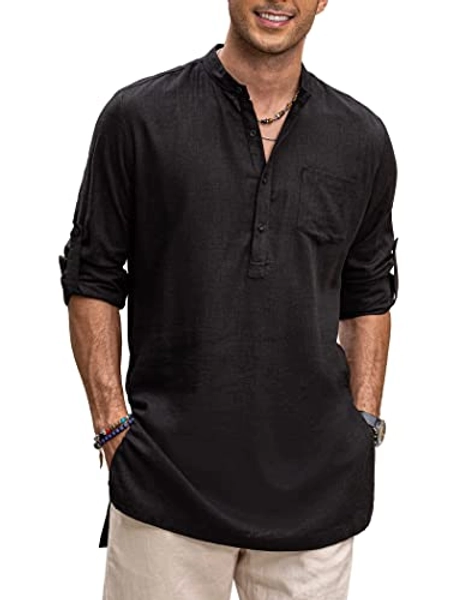 COOFANDY Men's Linen Henley Shirts Long Sleeve Collarless Longline Kurta Beach Shirts with Pocket
