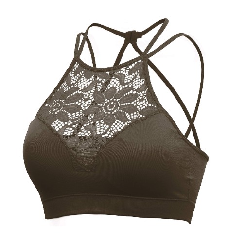 Womens Every Day High Neck Lace Halter Cutout Bralette with Bra Pads Back Strap - Small-Medium Nh9166-dark Olive