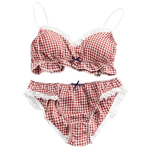 YOMORIO Cute Lingerie Retro Plaid Bra and Panty Set Wireless Training Bra Dream Bralette - Red Medium