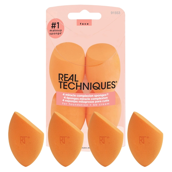 Real Techniques Miracle Complexion Makeup Sponge for full cover foundation, Pack of two (Packaging May Vary) & Expert Face Makeup Brush for Foundation (Packaging and Handle Colour May Vary)