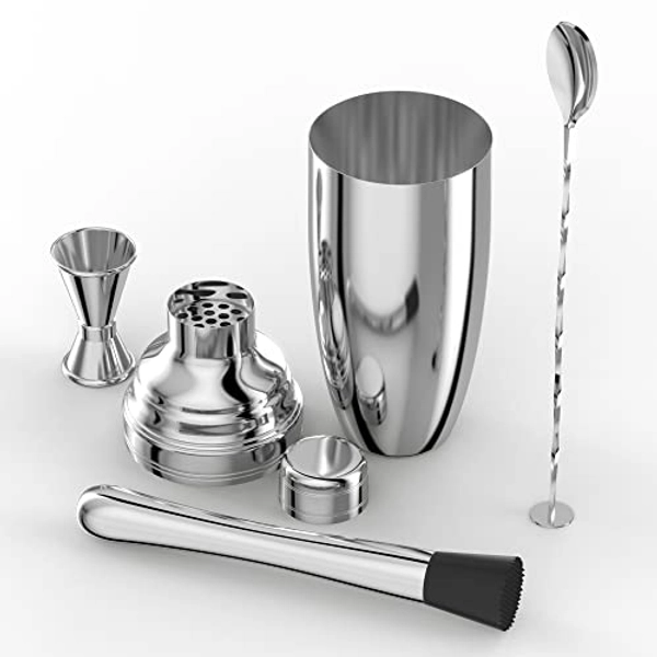 Cocktail Shaker Set Including 4 Pc Stainless Steel Cocktail Kit Pcs - 750ml Cocktail Shaker, Jigger, Mixing Spoon, Muddler & Recipe Book - Essential Cocktail Accessories - Cocktail Gift Set