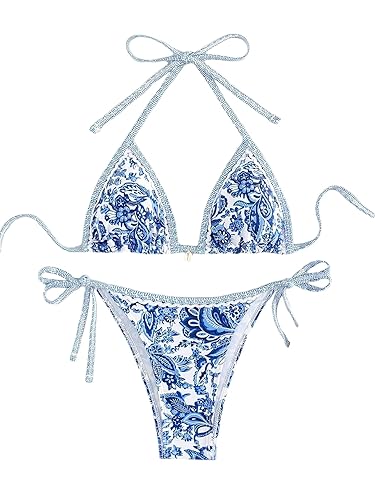 BYFINECANY Women's Floral Printed Bathing Suit Halter Paisley Summer Swimsuit Bikinis Set - X-Small - Blue
