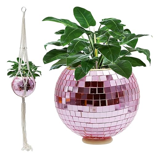 Vkinman Pink Disco Ball Planter Disco Ball Plant Hanger Hanging Flower Pot with Macrame Hanger Disco Ball Vase Hanging Mirror Ball Flower Succulents Pots for Indoor Outdoor Plants