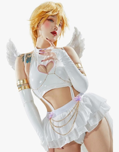 Women's Anime Cosplay Lingerie Set Hollow Halter Bodysuit and Mini Skirt with Wings Sleeves