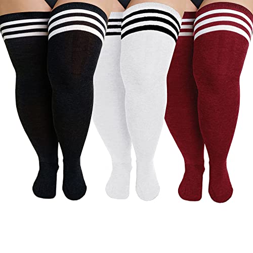 YELAIVP Plus Size Thigh High Socks Extra Large Stripe Over Knee High Stockings for Women - 3 Packs Black+white+wine(stripe)
