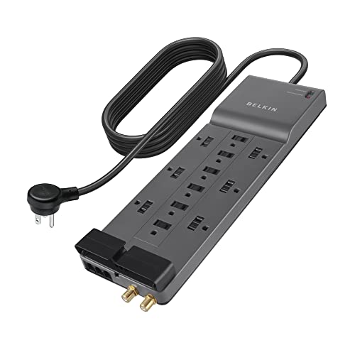 Belkin Power Strip Surge Protector - 12 AC Multiple Outlets & 8 ft Long Flat Plug Heavy Duty Extension Cord for Home, Office, Travel, Computer Desktop, Laptop & Phone Charging Brick (3,940 Joules) - 1 Pack