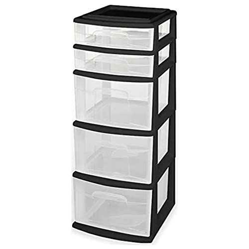 Homz Plastic 5 Clear Drawer Medium Home Organization Storage Container Tower with 3 Large Drawers and 2 Small Drawers, Black Frame - Black - 1