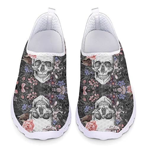 INSTANTARTS Womens Athletic Water Shoes Quick Dry Sports Aqua Shoes Slip-on Sandals Flats - 12 - Pink Flower Skull