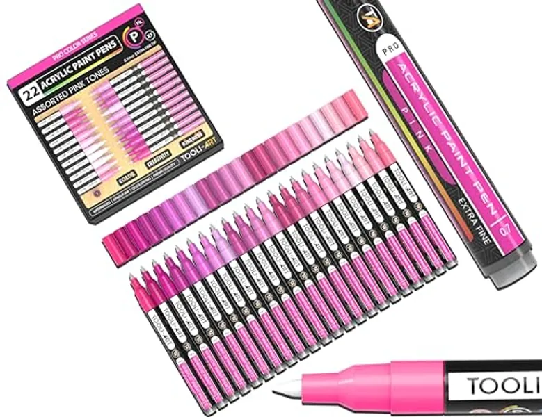 Pro Colour Series Lot de 22 marqueurs de peinture acrylique, pointe extra-fine de 0,7 mm, pour pierre, verre, tasses, bois, métal, plastique, toile Rose Non toxiques, à base dʼeau, séchage rapide.
