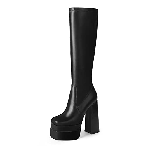 wetkiss Stacked Platform Knee High Boots for Women With High Chunky Heel, Gogo Boots for Women with Square Toe Side Zipper Stretch Boot - 7 - Black