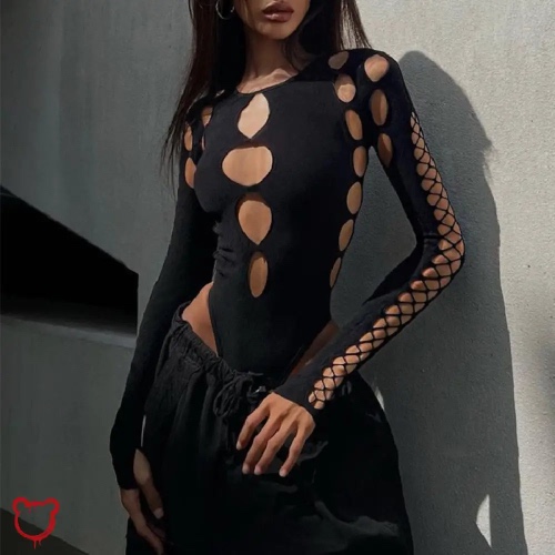 Black Hollow Out Bodysuit - black / S