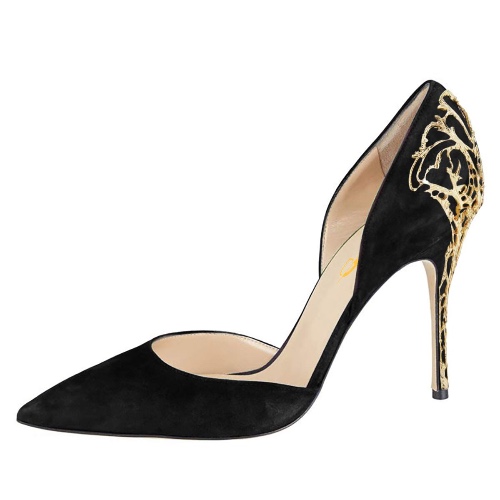 XYD Women Flower Carved Metal High Heel Pumps Pointed Toe Suede D'Orsay Slip On Ballroom Shoes - 9.5 Black