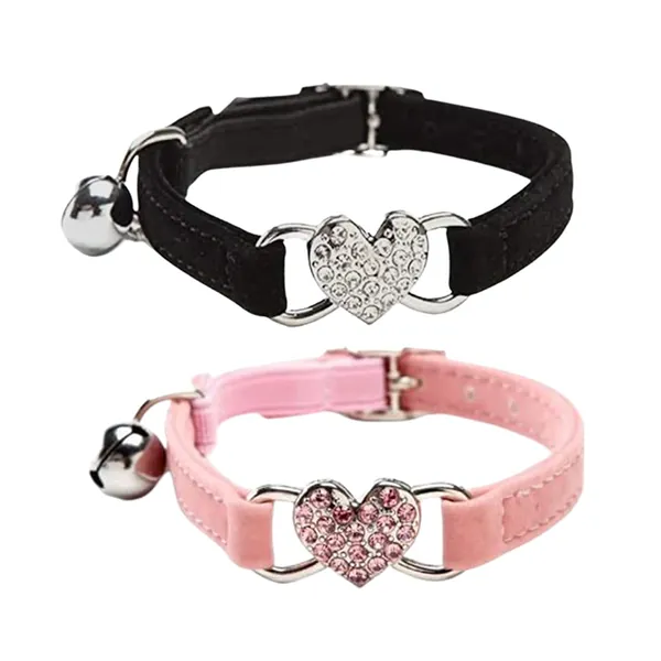 WDPAWS Heart Bling Cat Collar with Safety Belt and Bell Adjustable 8-11 inches for Kitten Cats - Black+Pink