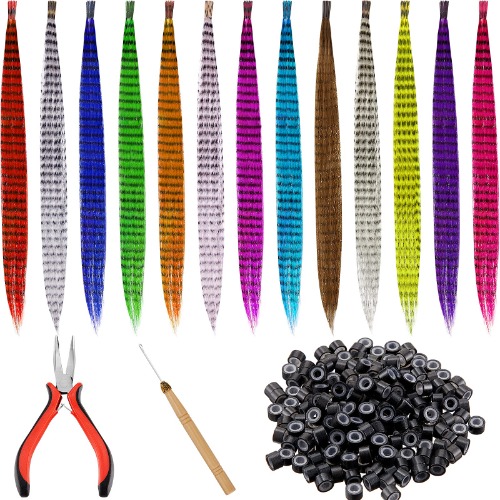 52 Pieces Colored Synthetic Hair Feather Colorful False Hair Extension Mixed Color Straight Hair Feather with 200 Pieces Silicone Lined Micro Ring, Crochet Hook, Hair Extension Remover Plier for Women - 