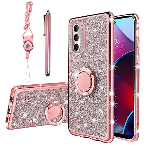 KuDiNi for Moto G Stylus 2022 Case 4G, G Stylus 4g Case for Women Glitter Crystal Soft Clear TPU Luxury Bling Cute Protective Cover with Kickstand Strap for Motorola G Stylus 2022 4g (Glitter Rose) - Glitter Rose