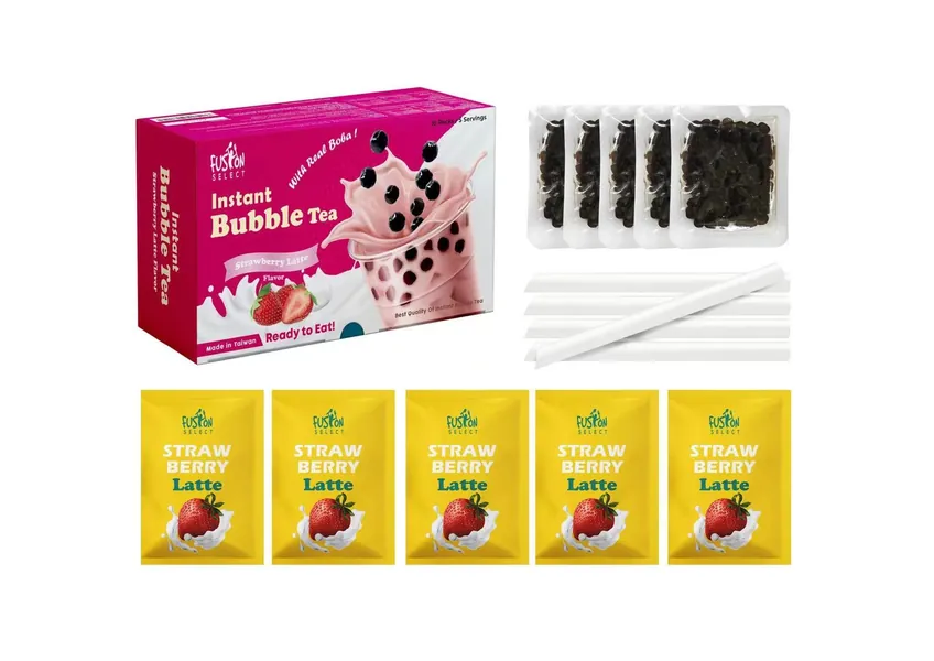 Fusion Select Authentic Strawberry Bubble Tea Kit Extra Rich (5 Packs) Bubble Tea Drink, Boba Tapioca Pearl, Straws, Popular Bubble Tea Flavors - Strawberry Kit