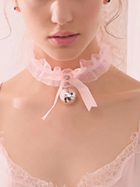 FXmimior Lace Choker See-through Bell Pendant Necklace Sexy Women Accessories (pink) - pink