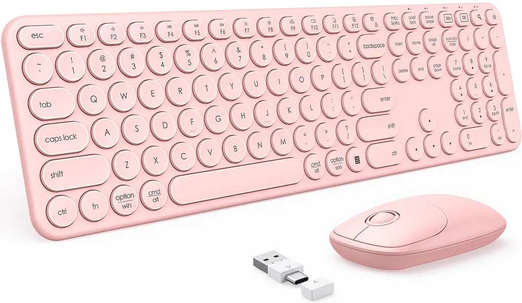 PEIOUS Wireless Keyboard and Mouse with USB and Type C Receiver, Cute Wireless Keyboard Mouse Combo, Full Size Round Key Cordless Rose Gold Pink Keyboard for Mac, Windows 7/8/10, MacBook, iMac - A-Pink