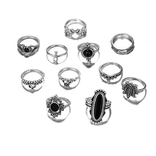 'Draculina' Black Silver Alternative 11pcs Ring Set
