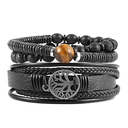 HZMAN Genuine Leather Tree of life Bracelets Men Women, Tiger Eye Natural Stone Lava Rock Beads Ethnic Tribal Elastic Bracelets Wristbands - Tiger Eye Stone -- Black