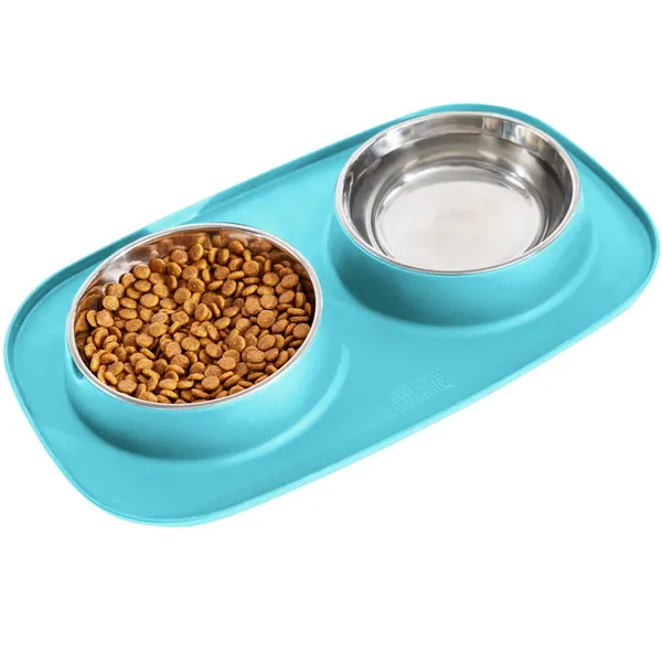 Gorilla Grip Slip Resistant Pet Bowls and Silicone Feeding Mat Set, Catch Water and Food Mess, Raised Edges for No Spills, Stainless Steel Cat and Dog Dish Bowl, Patent Pending Design - 2 Cup Turquoise