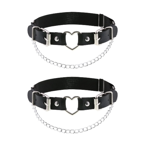 alisikee 2PCs Leather Leg Garter with Chains, Elastic Rock Heart Thigh Garter for Women - Black