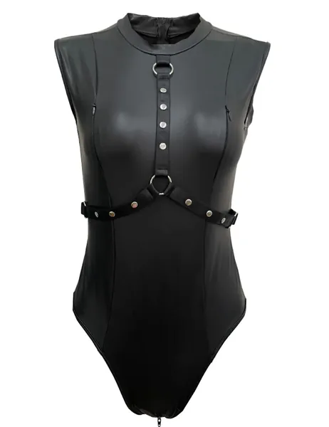 Crubelon Women’s Wet Look Lingerie Leather Bodysuit Mesh Patchwork Halter Neck High Cut Leotard Bodysuit Clubwear