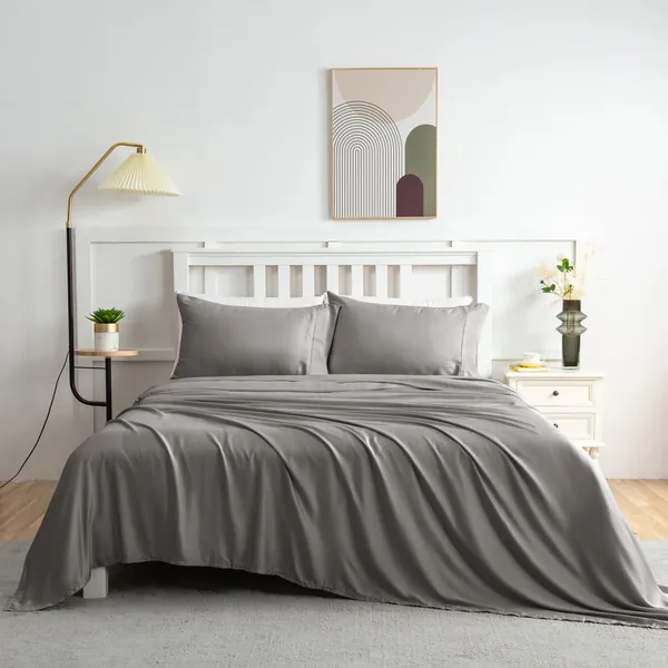 LINENOVA Bamboo Sheets Set Queen Size,100% Cooling Bamboo Sheet Set for Hot Sleepers, Moisture Wicking Bed Sheets with 40cm Deep Pocket, Silky Soft Bedding Sheets (Queen, Charcoal)