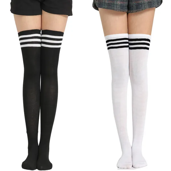 New Upgraded High Socks, Over Knee Thigh Socks with Silicone Anti-slip Strip Extra Long Cotton Stripe Thigh High Socks Over the Knee High Plus Size Stockings Stripes Sports Football Style Long Socks (2 pack)