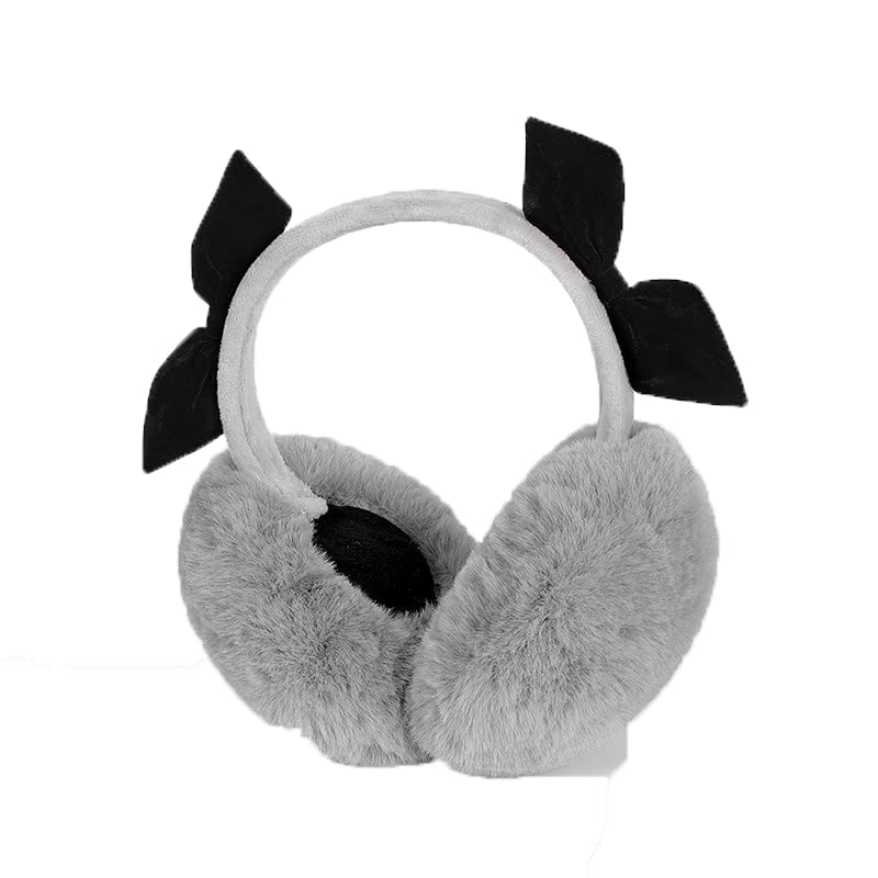 Winter neutral artificial fur outdoor earmuffs Adjustable soft earmuffs unisex head back earmuffs hunting fishing earmuffs - Grey Bow