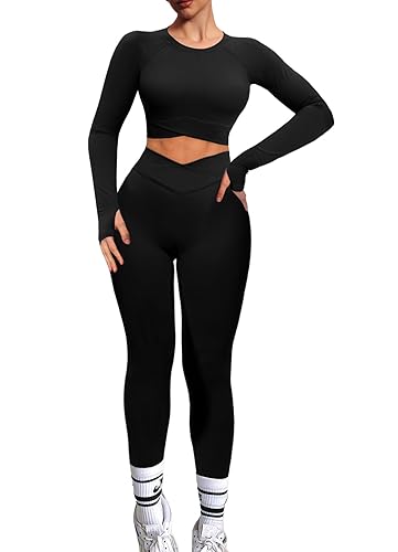 Navneet Women Gym Set 2 Piece Outfits Workout Set Crossover Long Sleeve Gym Tops Ruched Leggings Yoga Tracksuit Set - A2 Black V wasit workout set - L
