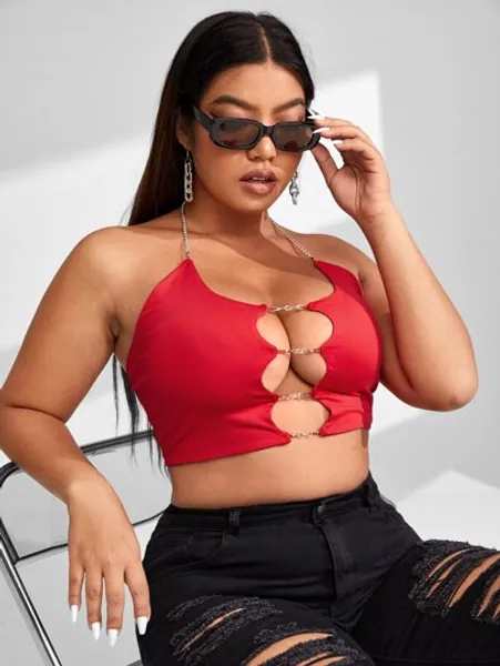 SHEIN SXY Plus Cut Out Chain Detail Backless Crop Halter Top