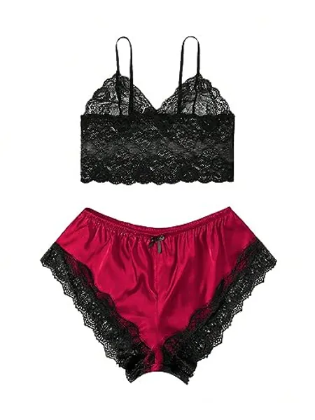 SOLY HUX Women's Plus Size Lingerie Set Spaghetti Strap Lace Trim Bralette and Shorts Sleepwear Pajama Set