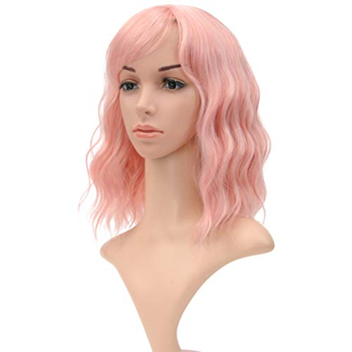 VCKOVCKO Natural Wavy Pastel Pink Wig Colorful Wigs With Air Bangs Short Bob Wigs Women's Shoulder Length Wigs Curly Wavy Synthetic Cosplay Wig Bob Wig for Girls(12", Lovely Pink) - Lovely Pink