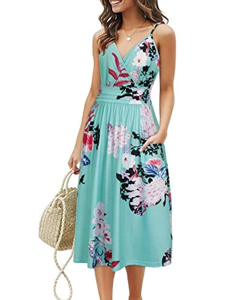 OUGES Women's Summer Spaghetti Strap V-Neck Floral Short Party Dress with Pockets