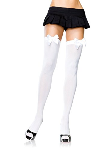 Leg Avenue Women's Satin Bow Accent Thigh Highs - White - One Size