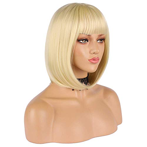 eNilecor Short Light Blonde Bob Wigs 12" Straight with Bangs Synthetic Colorful Cosplay Daily Party Wig for Women Natural As Real Hair+ Free Wig Cap (Light Blonde) - Light Blonde