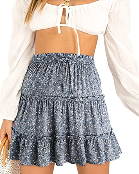 Alelly Women's Summer Cute High Waist Ruffle Skirt Floral Print Swing Beach Mini Skirt