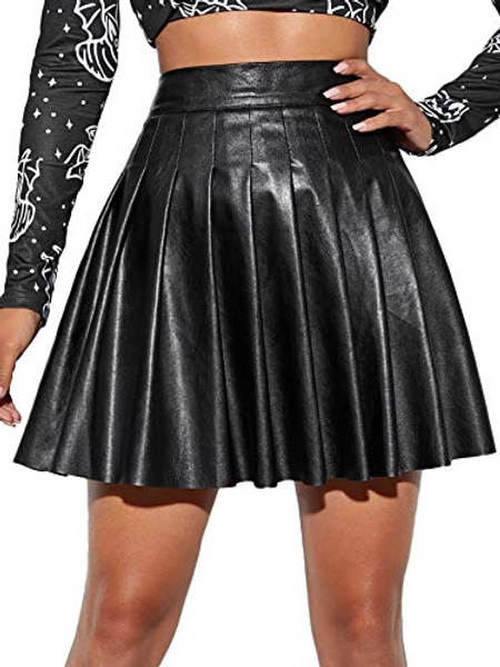 SheIn Women's High Waist PU Leather Pleated Solid Short Mini Skater Skirt
