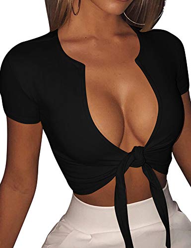 BORIFLORS Women's Sexy Tie Up Crop Top Short Sleeve Deep V Neck Casual Basic T Shirt - Medium - Black
