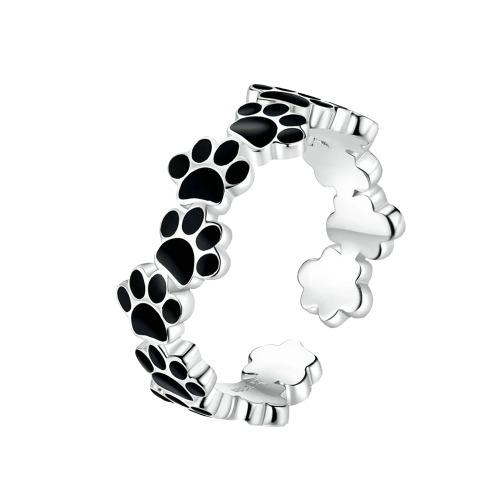 Paw Print Black Enamel Ring - Sterling Silver