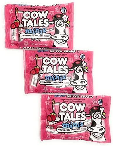 CABE Cow Tales Minis Chewy Strawberry Smoothie Flavored Caramel with A Cream Center 4oz Each 3 Pack Peanut Free