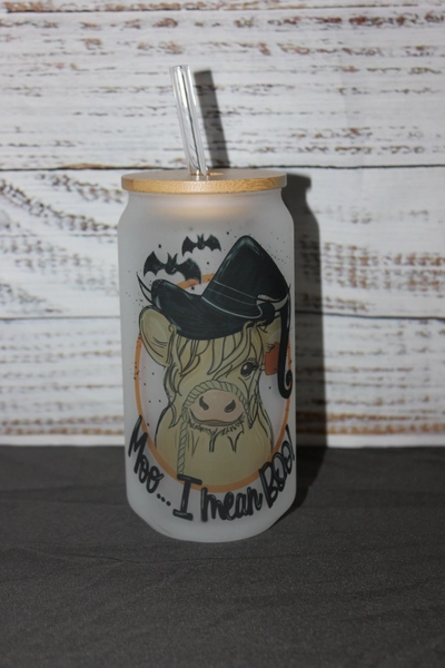 18 oz frosted libby glass beer can, bamboo lid, custom order, personalized glass can, Halloween cup, Cow frosted glass, Fall Halloween Moo