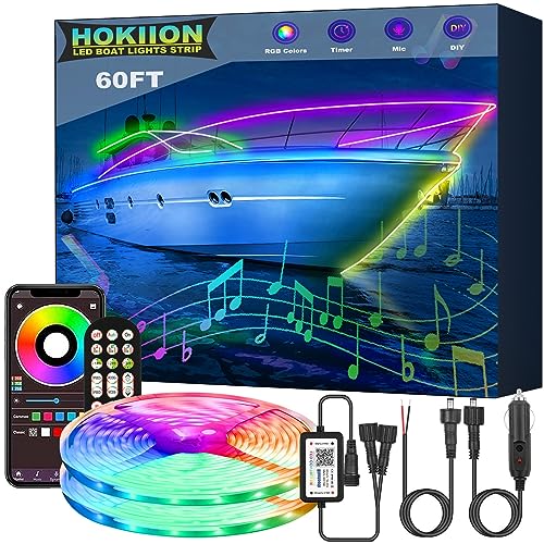 HOKIION 60FT Boat Lights Marine LED Strip Lights, IP66 Waterproof Pontoon Boat Light, 12V RGB Boat Interior Lights, Night Fishing Lights for Jon Boat, Bass Boat, Cabin, Deck, APP/RF Control - 60FT