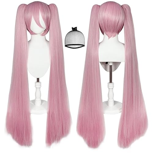JoneTing Pink Wig【+ Wig Cap】 Long Pink Cosplay Wig for Women Long Wigs with Ponytails for Anime Dress Up Peluca Rosa Synthetic Hair Wigs for Halloween Straight Pigtail Wig for Cosers Costume - Pink