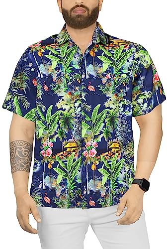 HAPPY BAY Mens Hawaiian Holiday Shirt Short Sleeve Button Down Aloha Tropical Beach Shirts for Men - Tropical Theme - 5X-Large - Tropical, Navy Blue