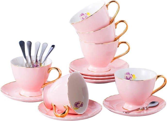 Jusalpha® Porcelain Tea Cup and Saucer Coffee Cup Set with Saucer and Spoon Set of 6 (FD-TCS02 pink (6), 7oz)
