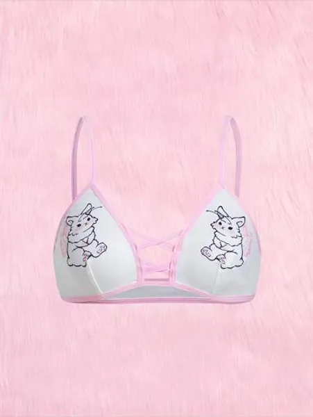 ROMWE Kawaii Cartoon Graphic Contrast Binding Criss Cross Bralette