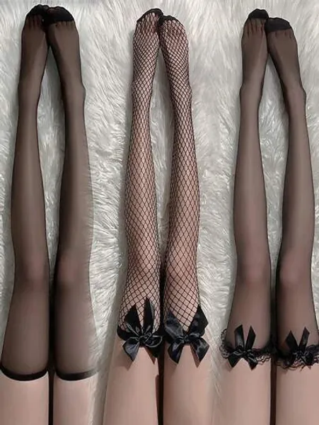 3 Pairs Black White Sexy Overknee Long Socks Women Sweet Girls Lolita Bowknot Thigh High Fishnet Stockings Gothic Punk Lace Mesh Legging